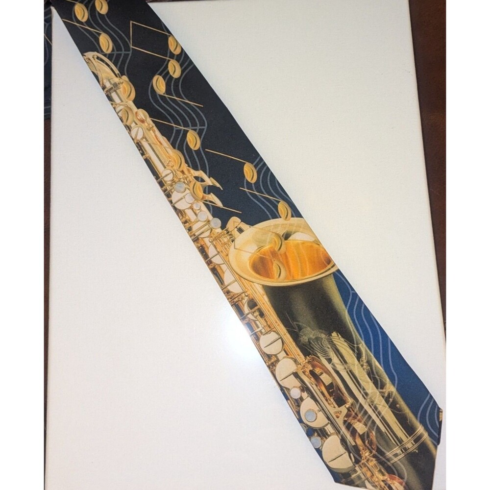 Vtg Y2K Ralph Marlin Saxophone & Notes Neck Tie 1996 Musician Jazz Novelty USA